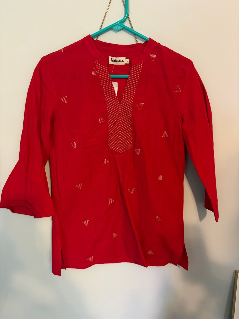fabindia Red Women’s V-Neck Embroidered Tunic